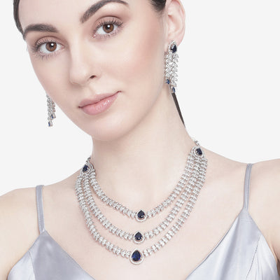 Estele Rhodium Plated CZ Magnificent Three Line Necklace Set with Blue Stones for Women