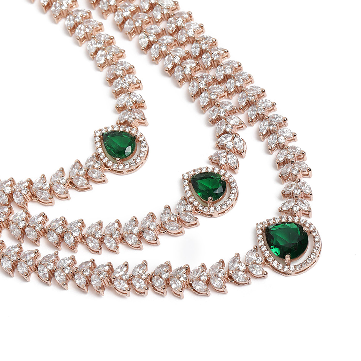 Estele Rose Gold Plated CZ Magnificent Triple Line Necklace Set with Green Stones for Women