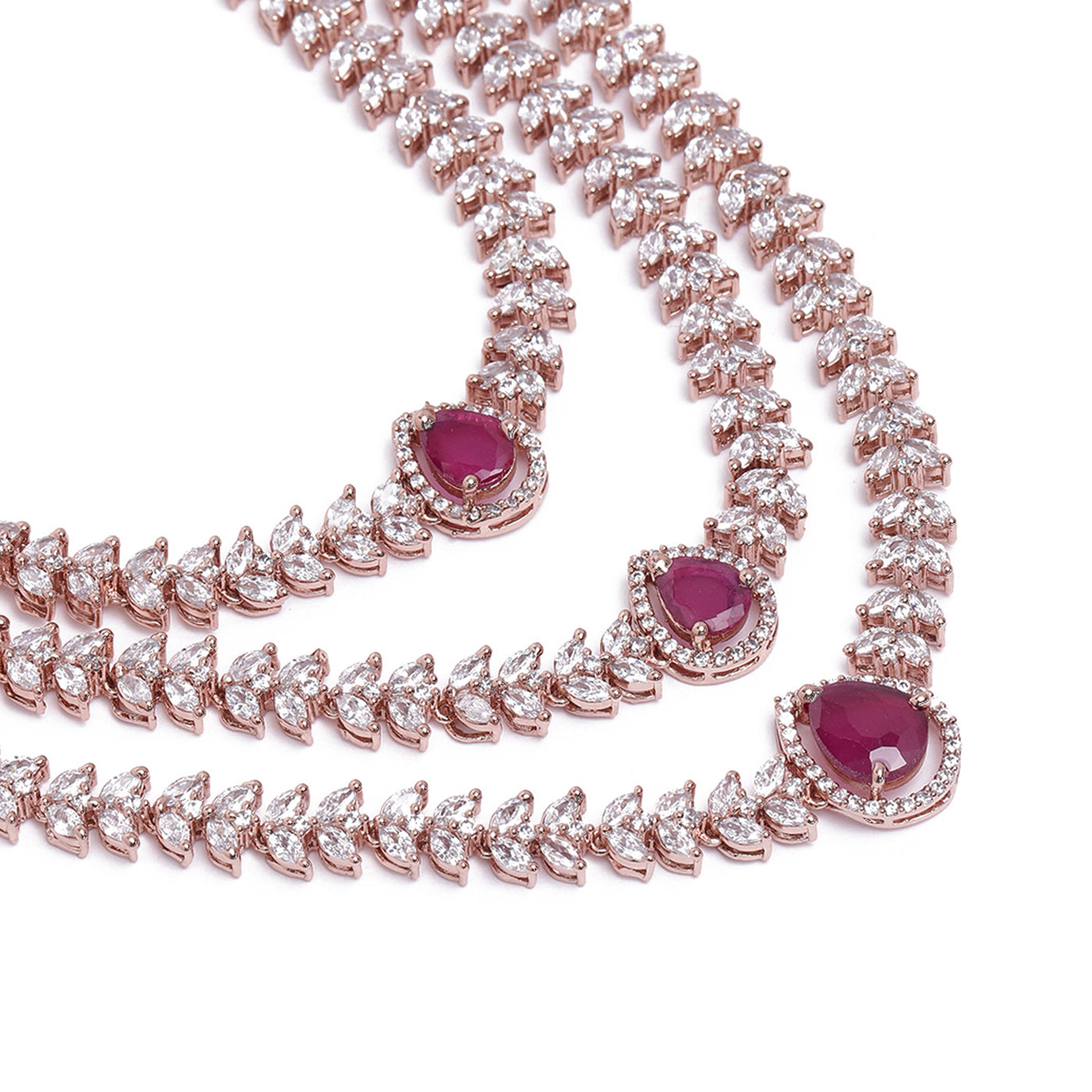 Estele Rose Gold Plated CZ Magnificent Triple Line Necklace Set with Ruby Stones for Women