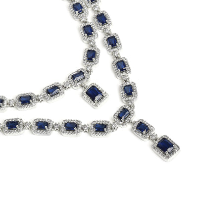 Estele Rhodium Plated CZ Ravishing Two Line Necklace Set with Blue Stones for Women