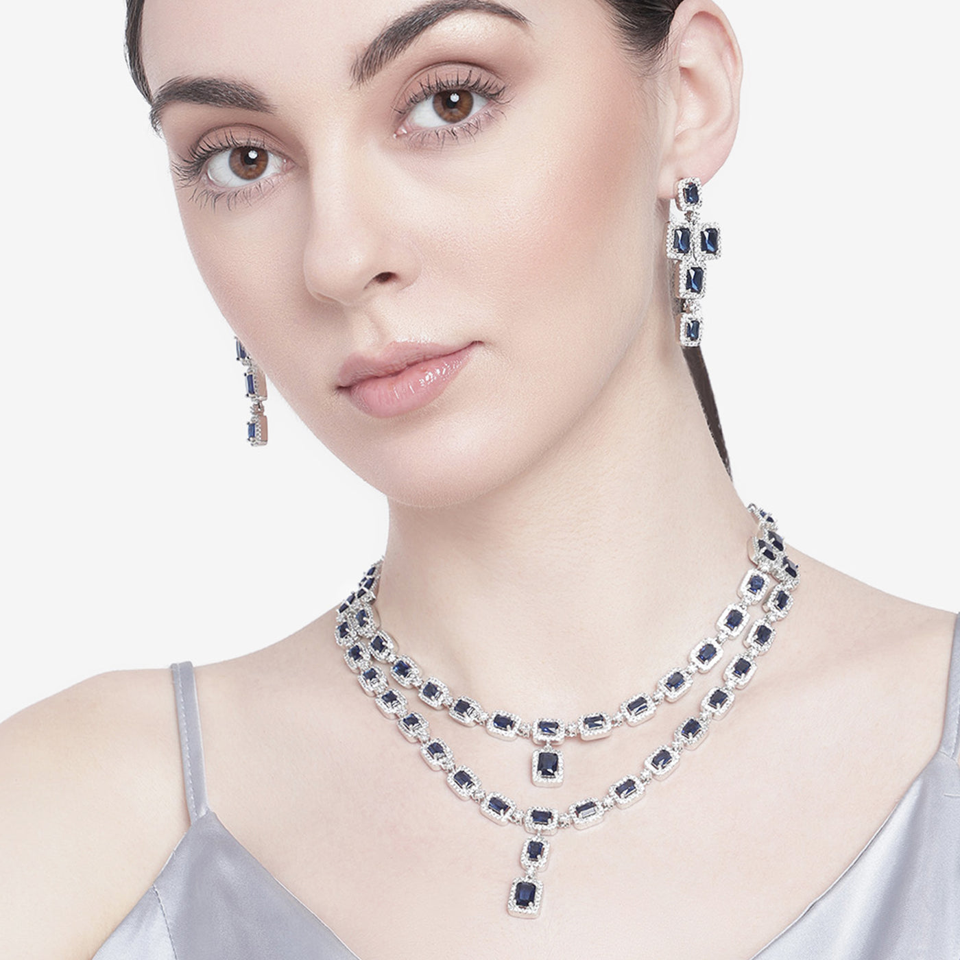 Estele Rhodium Plated CZ Ravishing Two Line Necklace Set with Blue Stones for Women