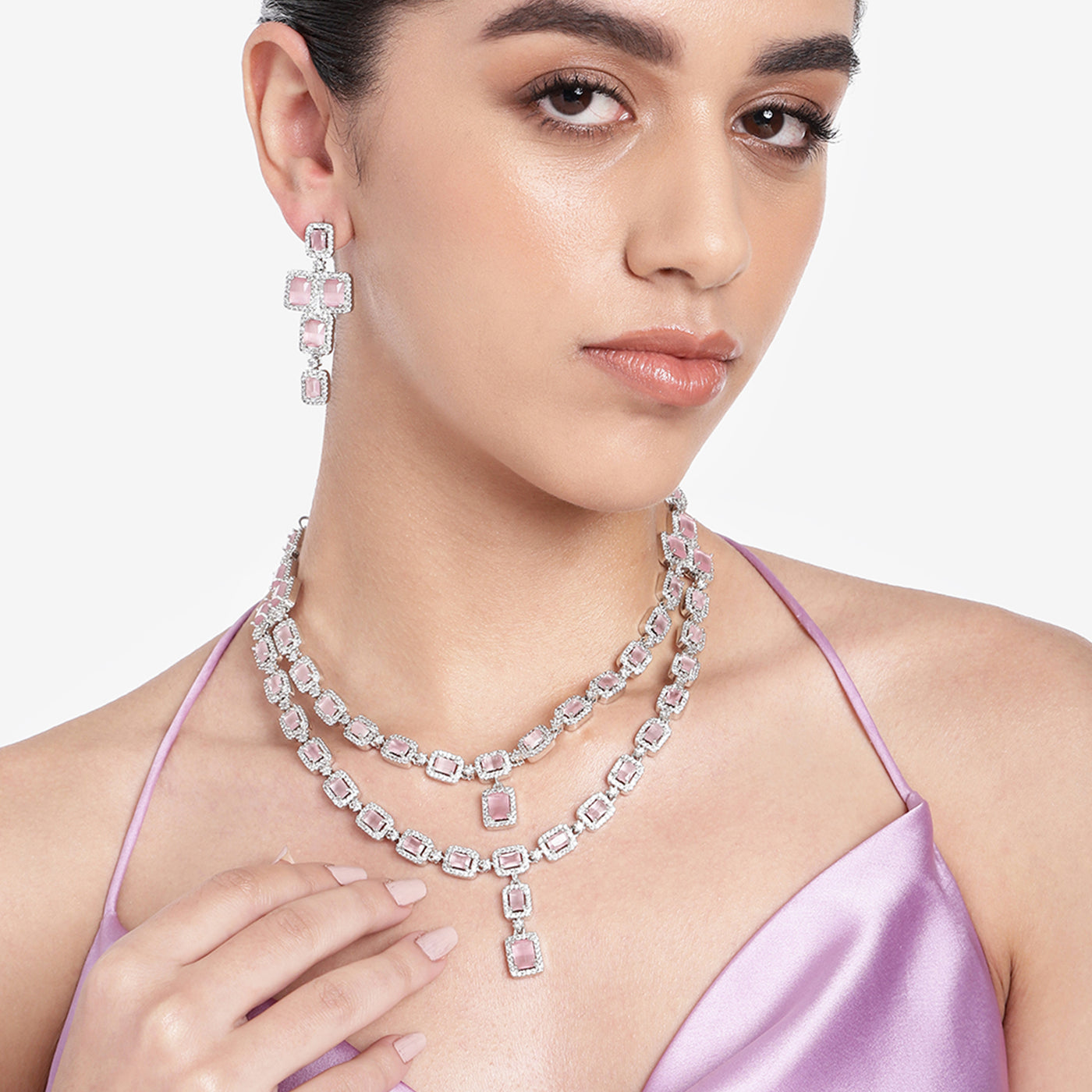 Estele Rhodium Plated CZ Ravishing Two Line Necklace Set with Mint Pink Stones for Women