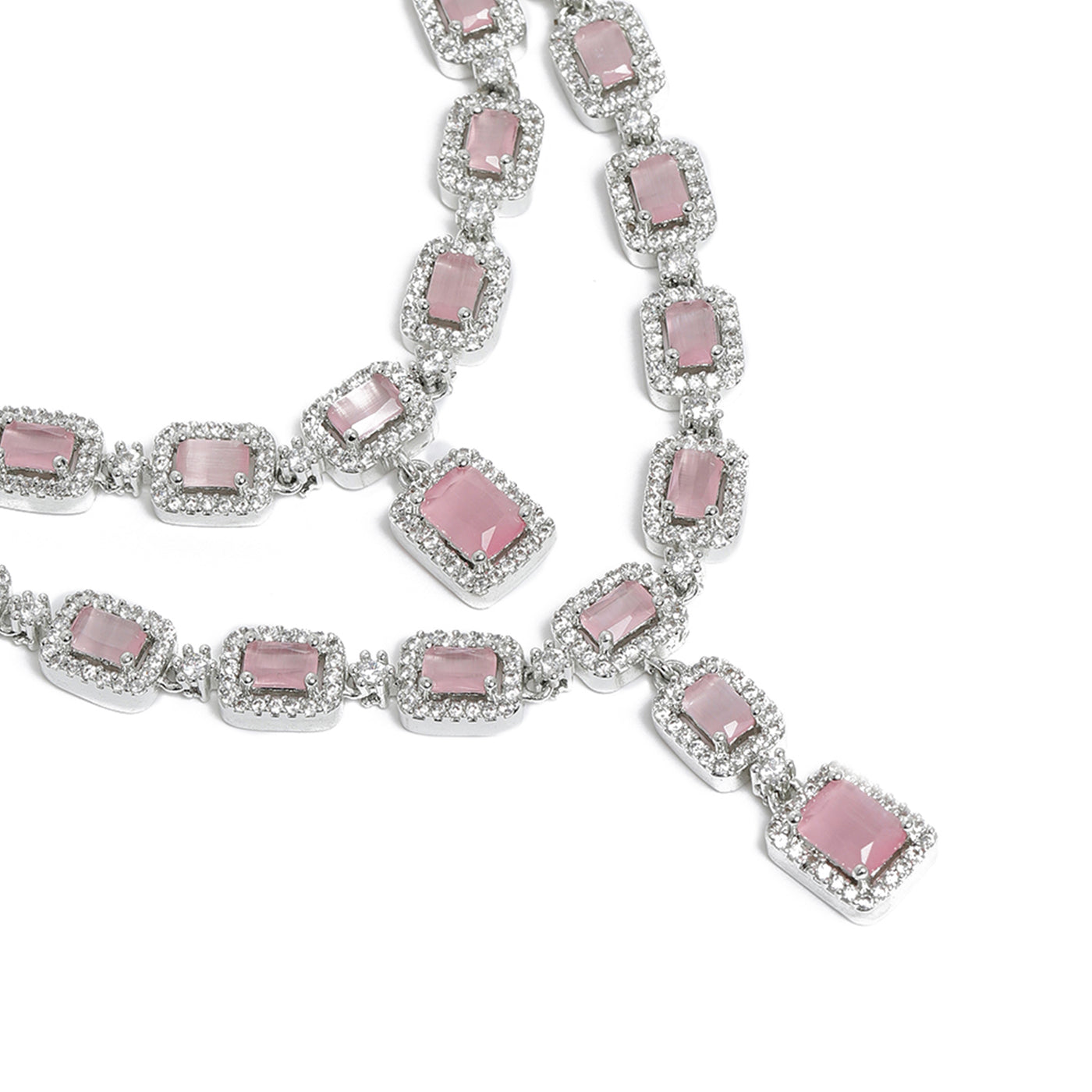 Estele Rhodium Plated CZ Ravishing Two Line Necklace Set with Mint Pink Stones for Women