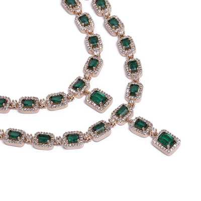 Estele Rose Gold Plated CZ Ravishing Double Line Necklace Set with Green Stones for Women