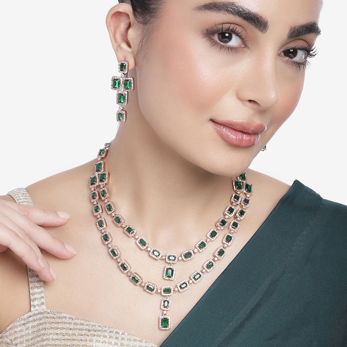 Estele Rose Gold Plated CZ Ravishing Double Line Necklace Set with Green Stones for Women