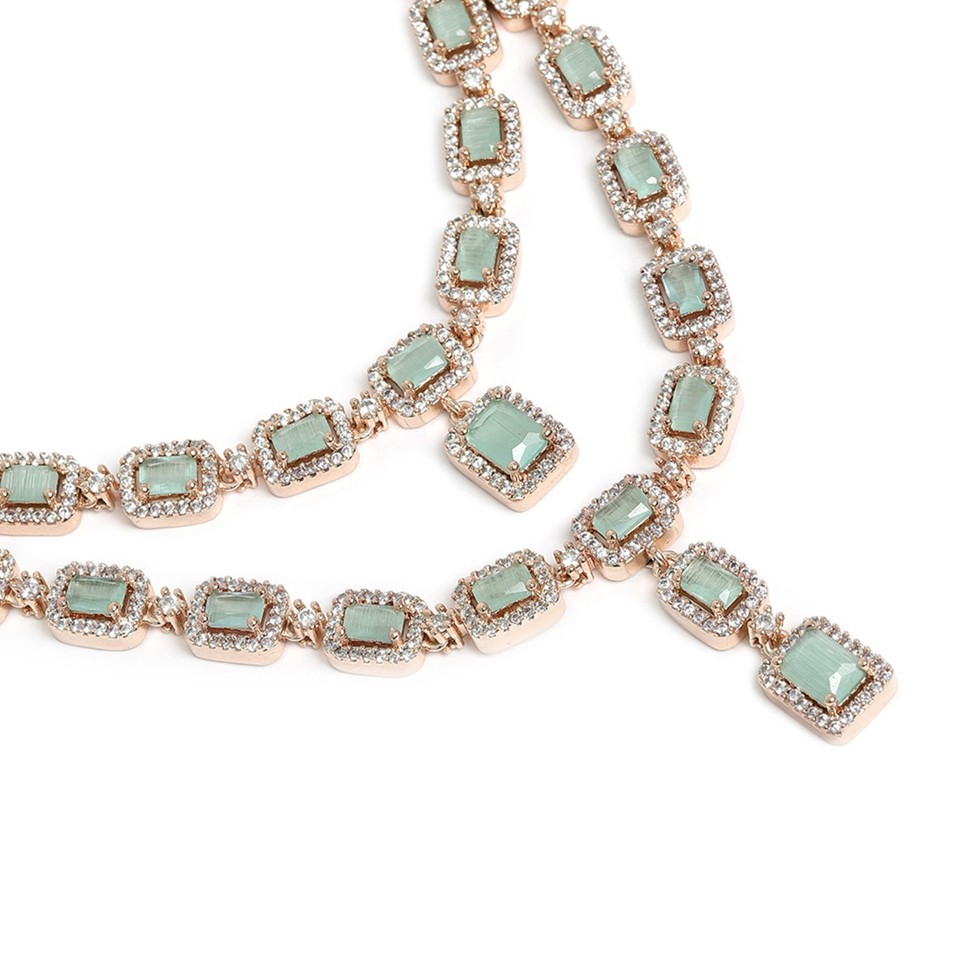 Estele Rose Gold Plated CZ Ravishing Double Line Necklace Set with Mint Green Stones for Women