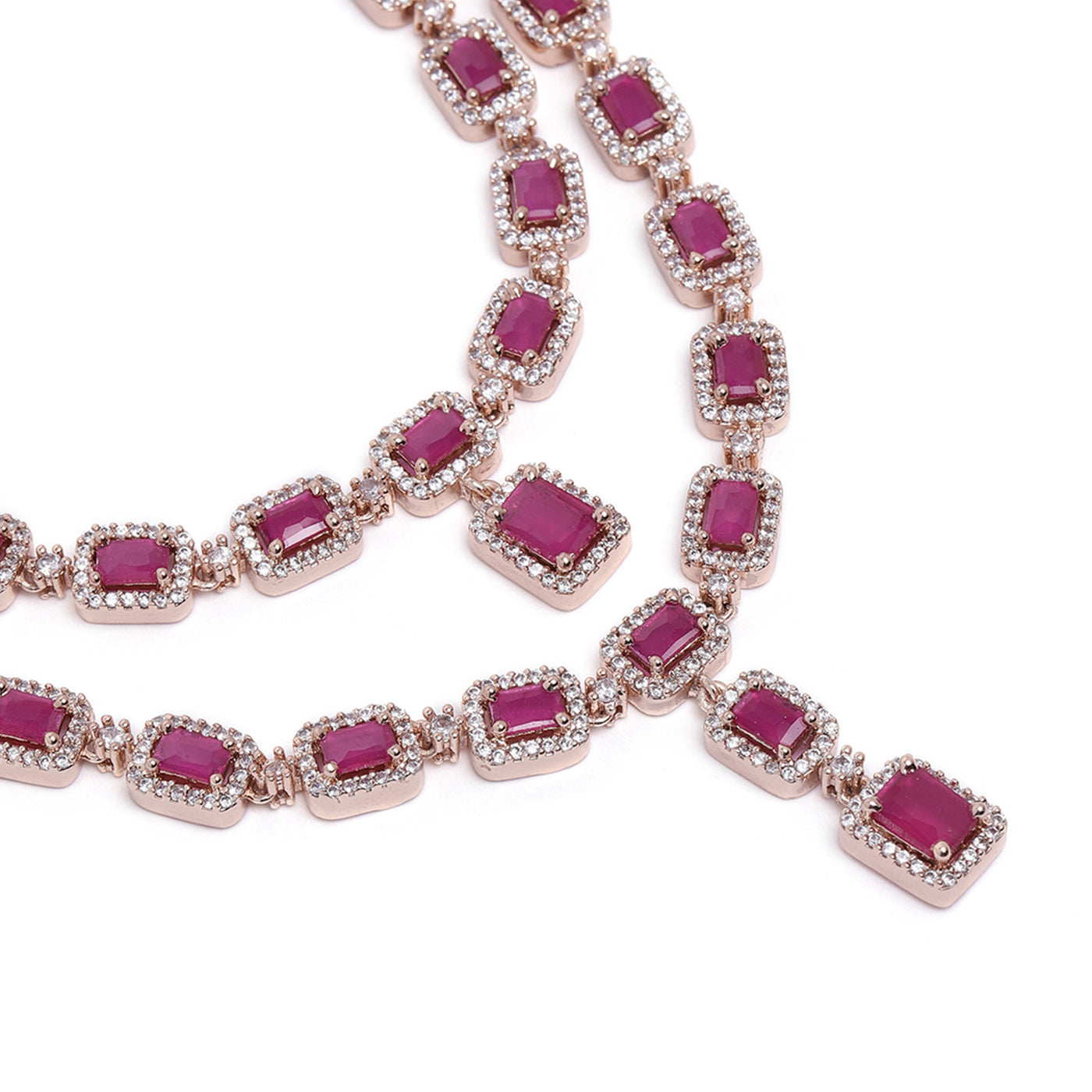 Estele Rose Gold Plated CZ Ravishing Double Line Necklace Set with Ruby Stones for Women