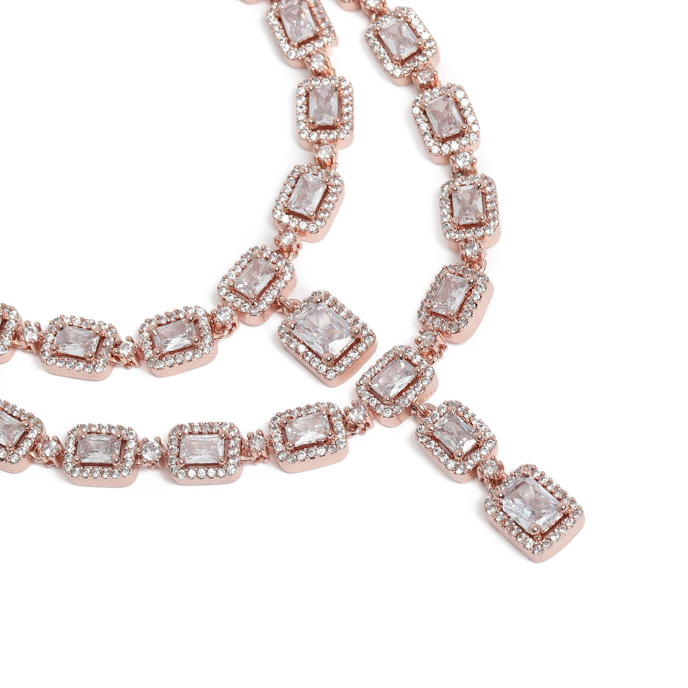 Estele Rose Gold Plated CZ Ravishing Double Line Necklace Set with White Stones for Women