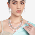 Estele Rose Gold Plated CZ Fascinating Triple-Layered Necklace Set with Mint Green Stones & Pearls for Women
