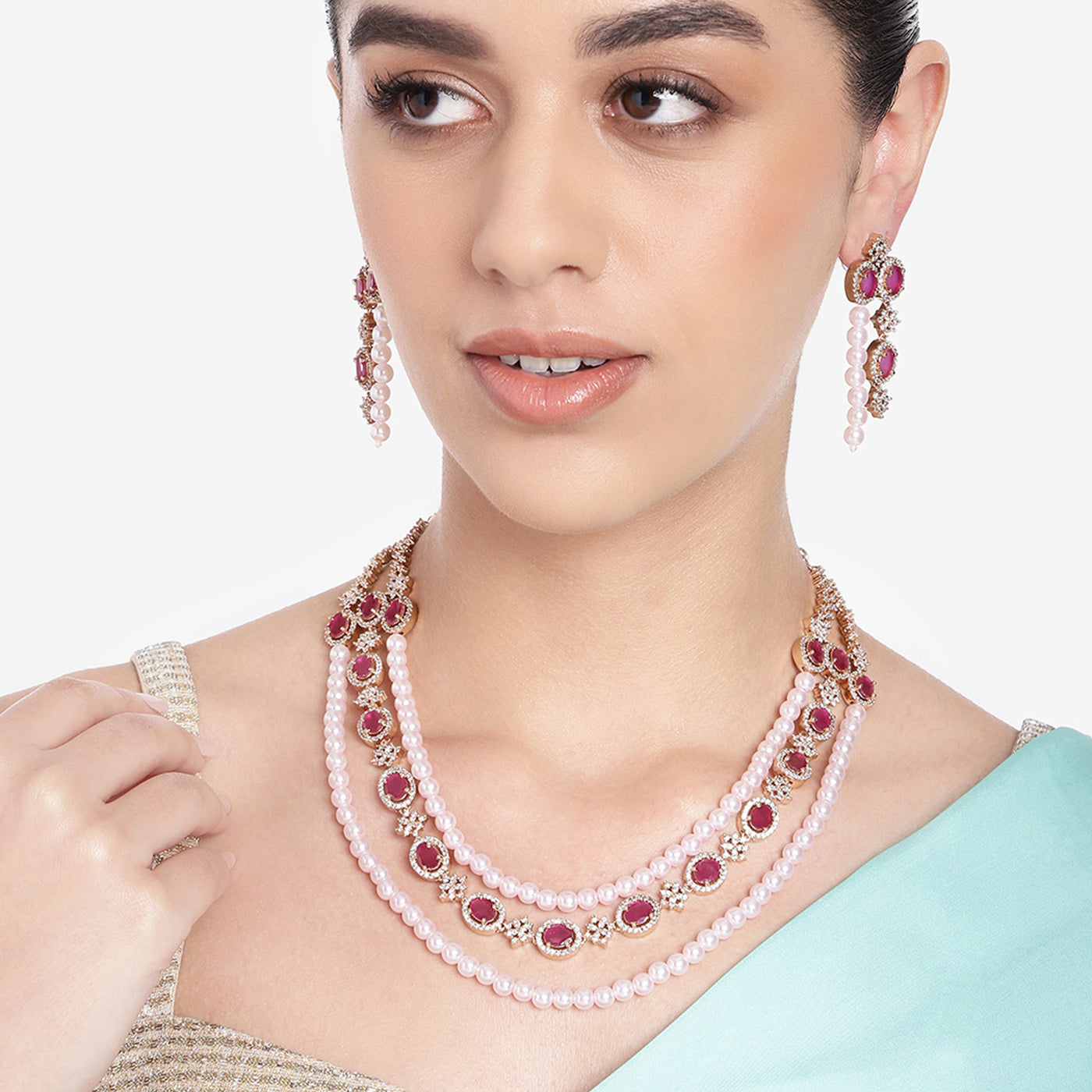 Estele Rose Gold Plated CZ Fascinating Triple-Layered Necklace Set with Ruby Stones & Pearls for Women