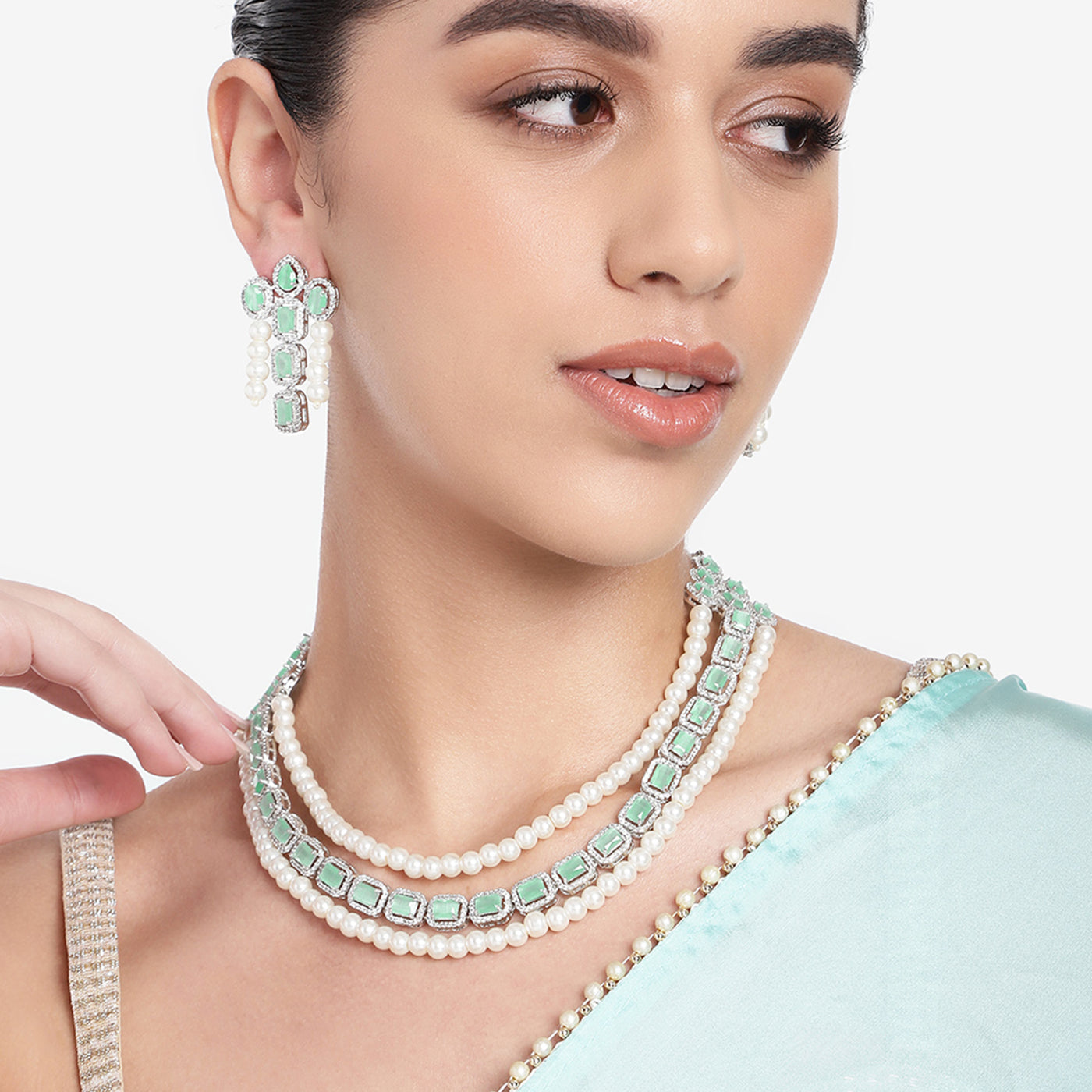 Estele Rhodium Plated CZ Captivating Triple-Layered Necklace Set with Mint Green Stones & Pearls for Women