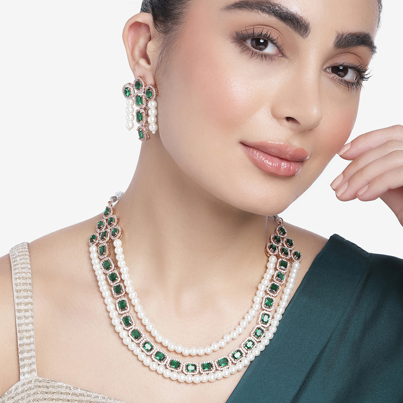 Estele Rose Gold Plated CZ Captivating 3-Layered Necklace Set with Green Stones & Pearls for Women