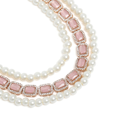 Estele Rose Gold Plated CZ Captivating 3-Layered Necklace Set with Mint Pink Stones & Pearls for Women