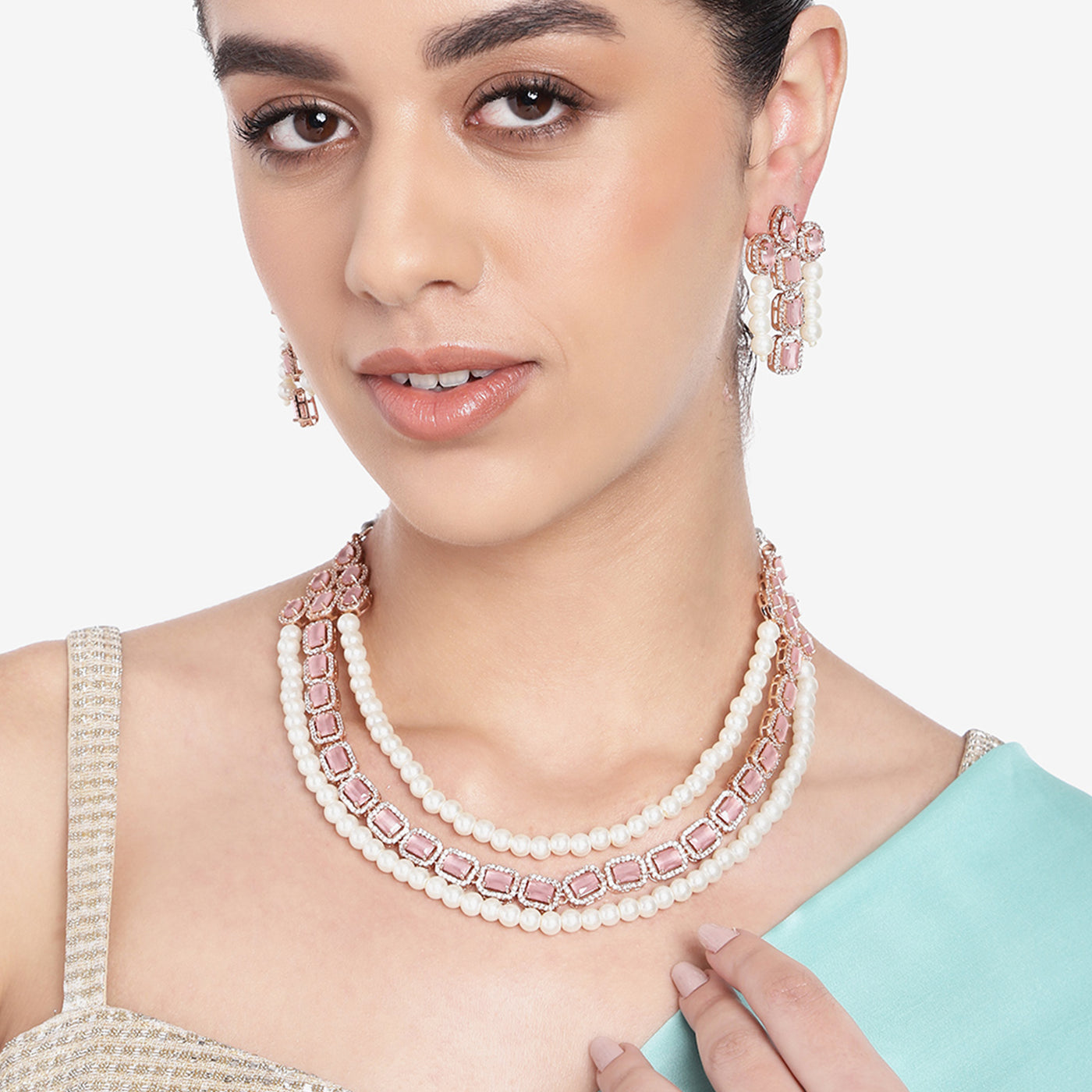 Estele Rose Gold Plated CZ Captivating 3-Layered Necklace Set with Mint Pink Stones & Pearls for Women