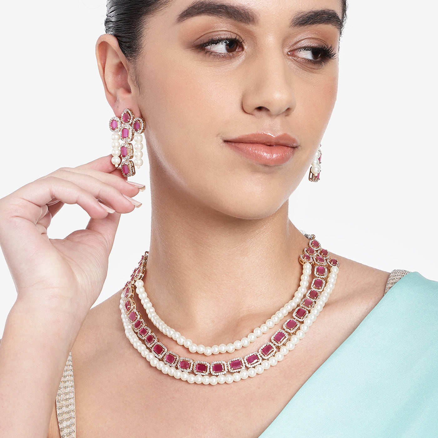 Estele Rose Gold Plated CZ Captivating 3-Layered Necklace Set with Ruby Stones & Pearls for Women