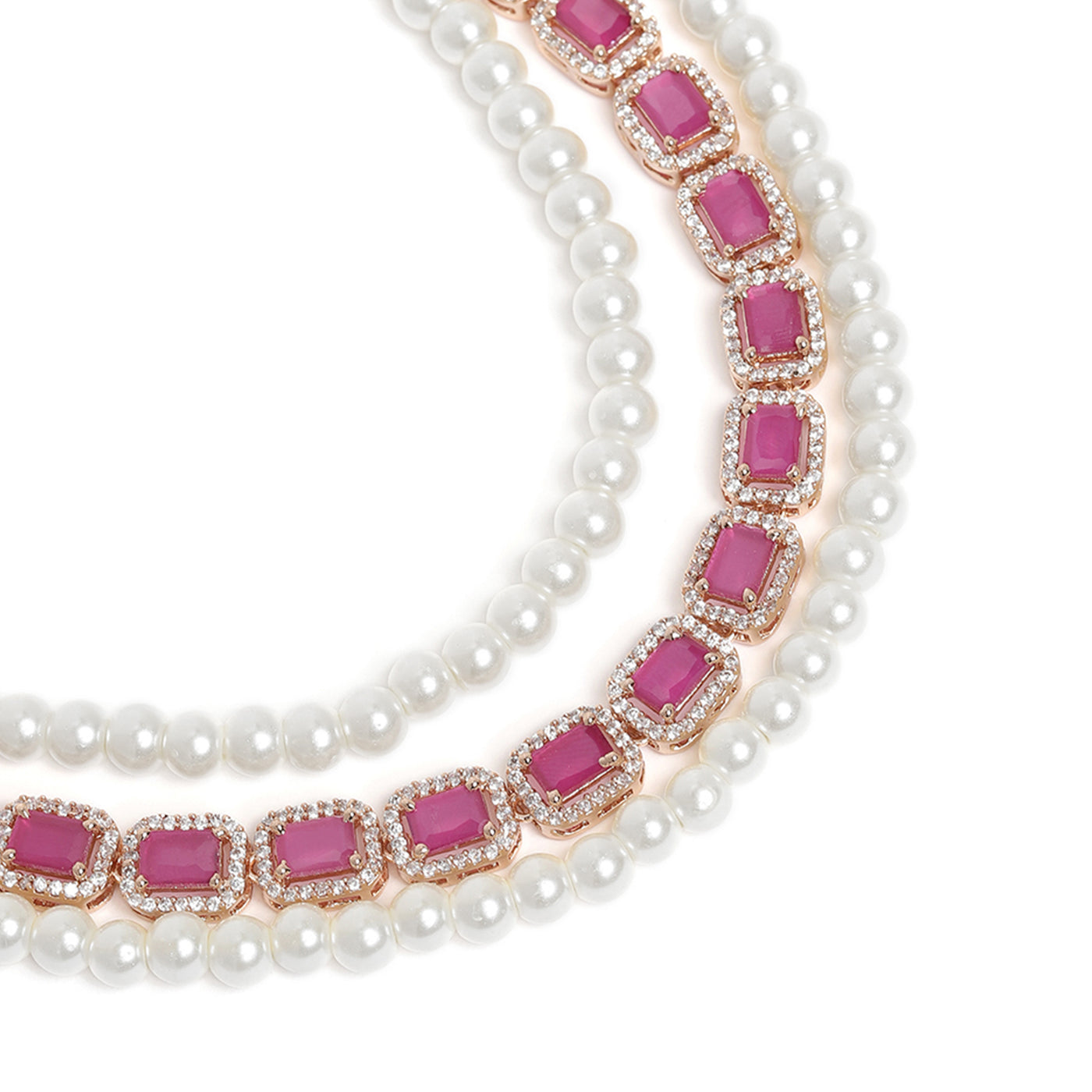 Estele Rose Gold Plated CZ Captivating 3-Layered Necklace Set with Ruby Stones & Pearls for Women