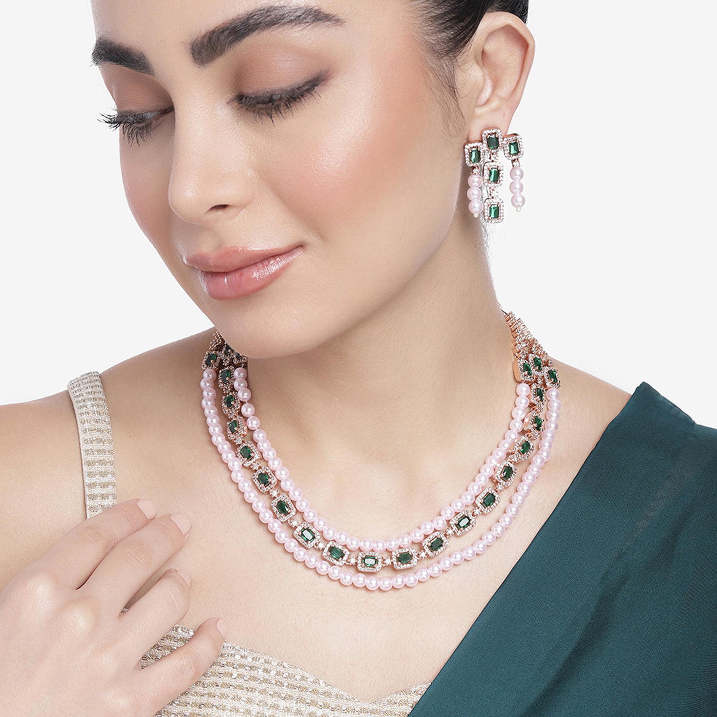 Estele Rose Gold Plated CZ Gorgeous 3-Layered Necklace Set with Green Stones & Pearls for Women