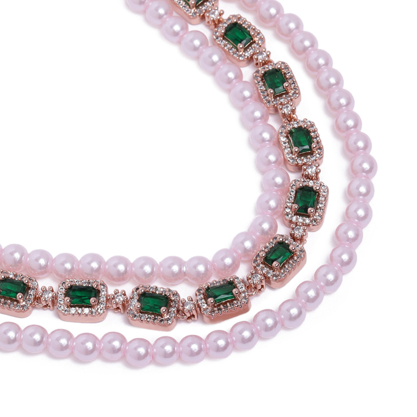 Estele Rose Gold Plated CZ Gorgeous 3-Layered Necklace Set with Green Stones & Pearls for Women