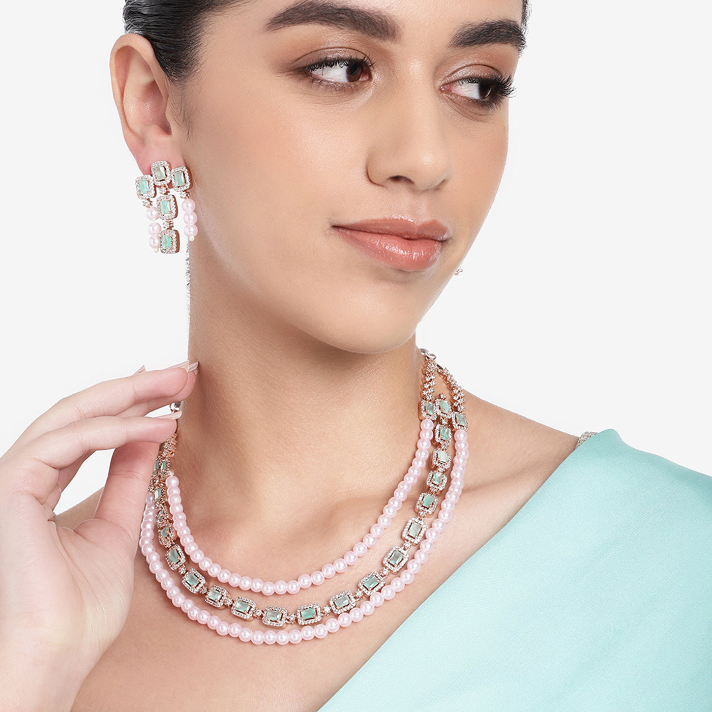 Estele Rose Gold Plated CZ Gorgeous 3-Layered Necklace Set with Mint Green Stones & Pearls for Women