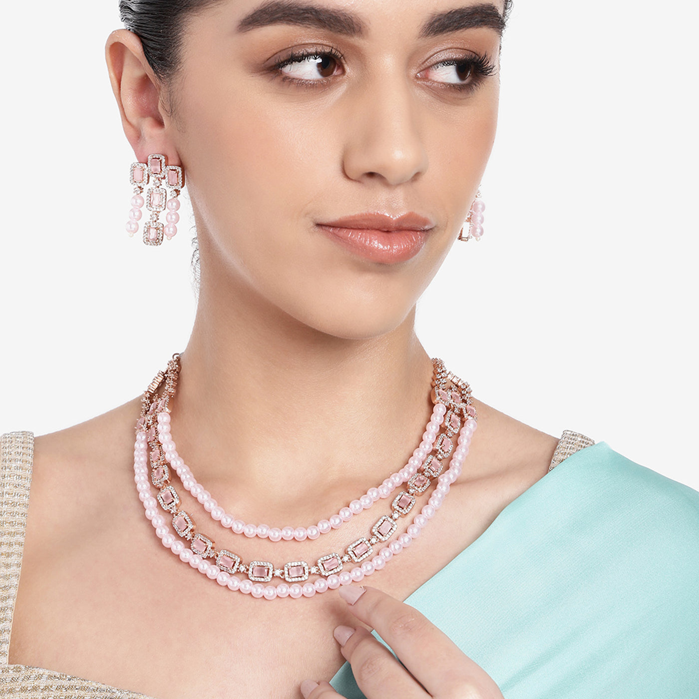 Estele Rose Gold Plated CZ Gorgeous 3-Layered Necklace Set with Mint Pink Stones & Pearls for Women