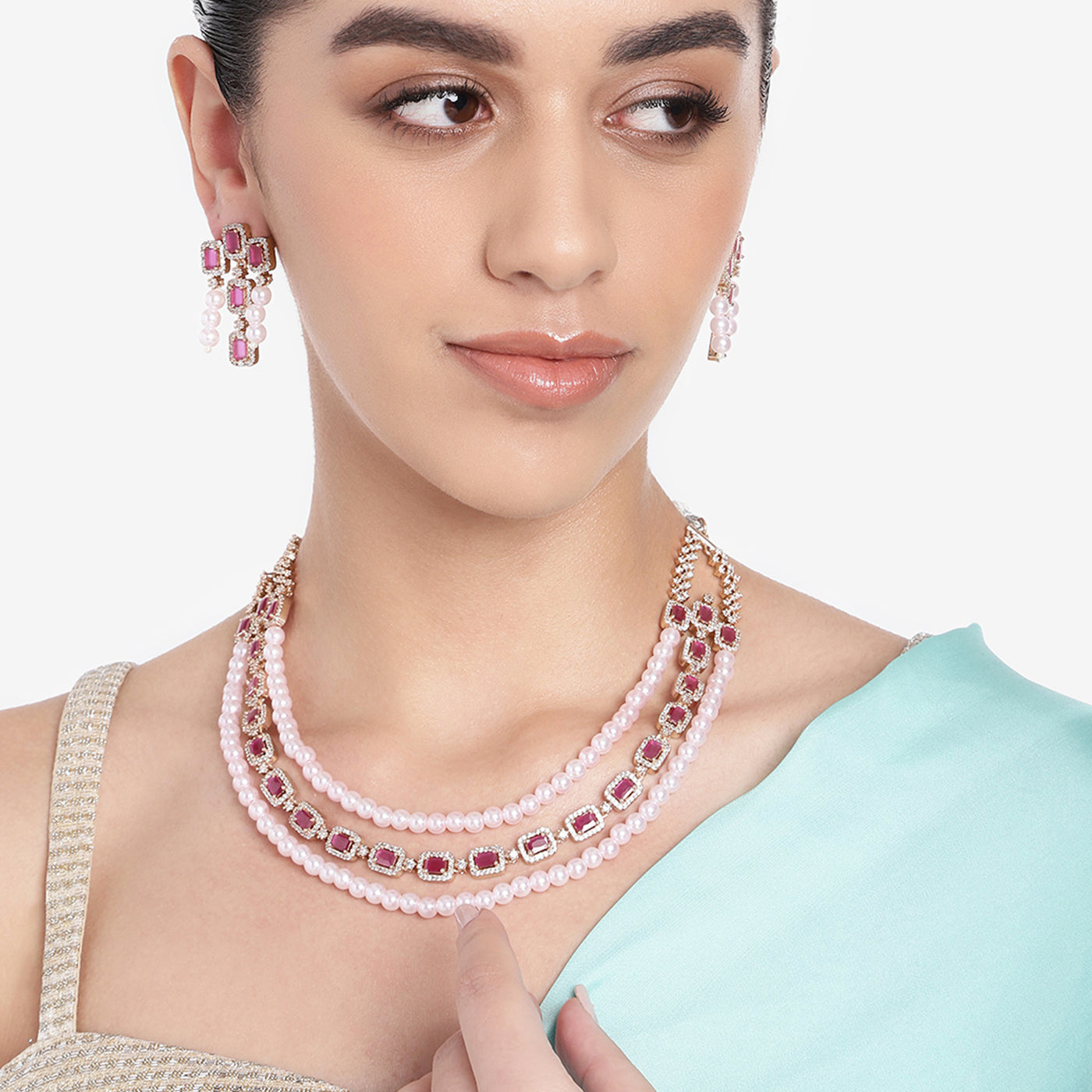 Estele Rose Gold Plated CZ Gorgeous 3-Layered Necklace Set with Ruby Stones & Pearls for Women