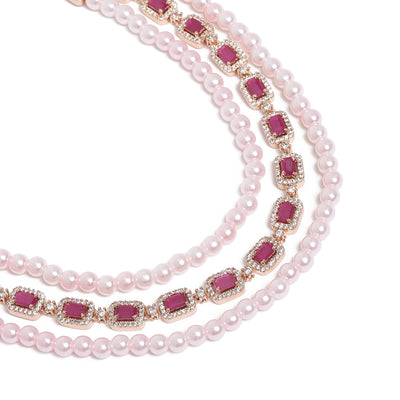 Estele Rose Gold Plated CZ Gorgeous 3-Layered Necklace Set with Ruby Stones & Pearls for Women