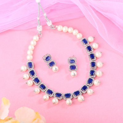 Estele Rhodium Plated American Diamond Glistening Blue Stones with White Pearls Choker Necklace Set with Earrings for Girls and Women