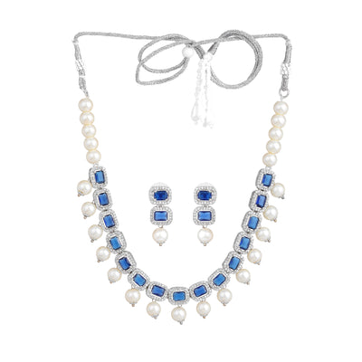 Estele Rhodium Plated American Diamond Glistening Blue Stones with White Pearls Choker Necklace Set with Earrings for Girls and Women