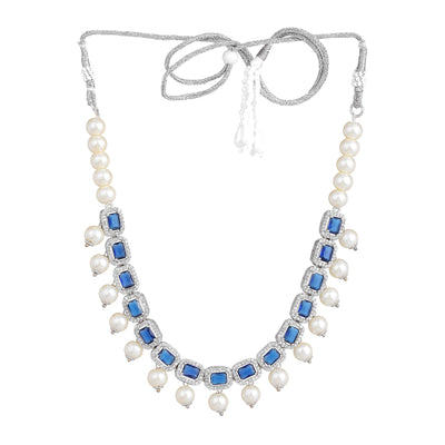 Estele Rhodium Plated American Diamond Glistening Blue Stones with White Pearls Choker Necklace Set with Earrings for Girls and Women