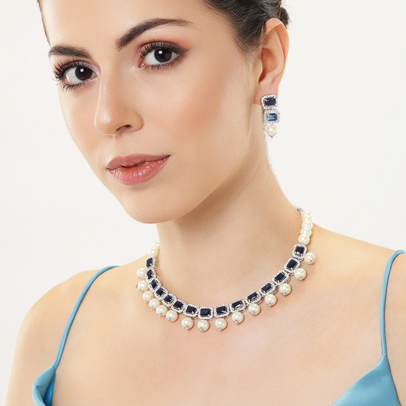 Estele Rhodium Plated American Diamond Glistening Blue Stones with White Pearls Choker Necklace Set with Earrings for Girls and Women