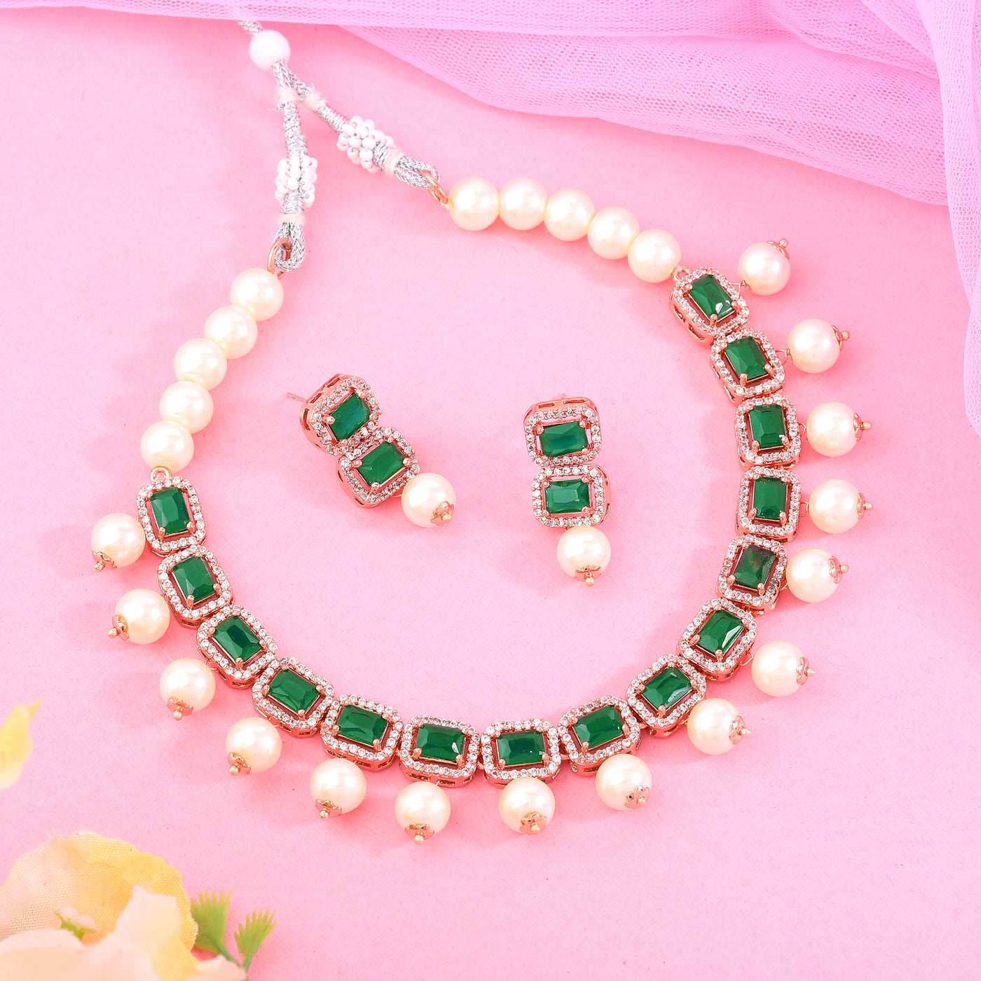 Estele Rosegold Plated American Diamond Sparkling Green Stones with White Pearls Choker Necklace Set with Earrings for Girls and Women