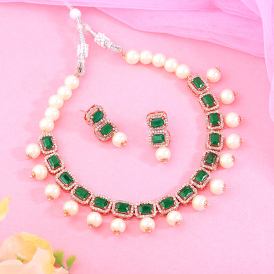 Estele Rosegold Plated American Diamond Sparkling Green Stones with White Pearls Choker Necklace Set with Earrings for Girls and Women