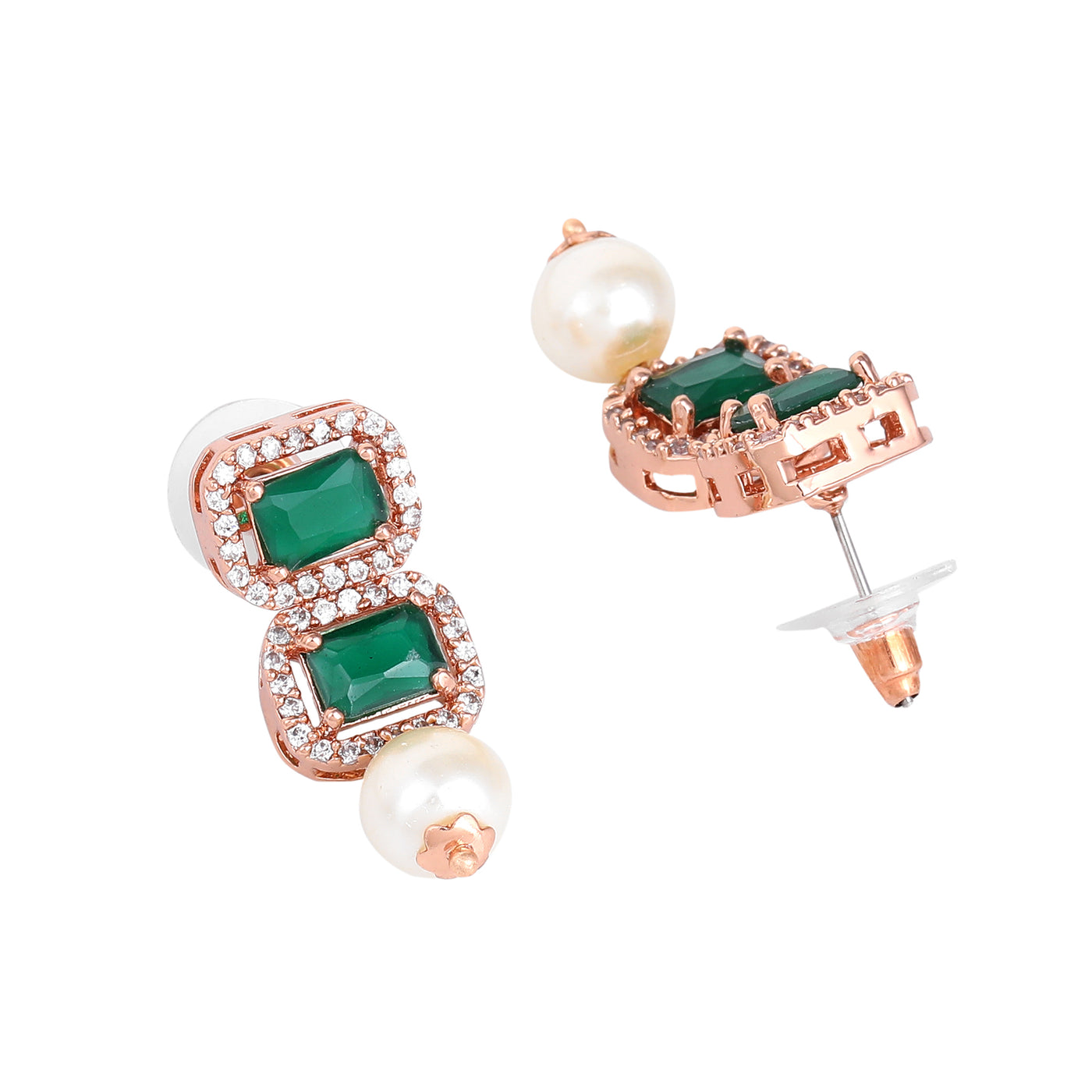 Estele Rosegold Plated American Diamond Sparkling Green Stones with White Pearls Choker Necklace Set with Earrings for Girls and Women