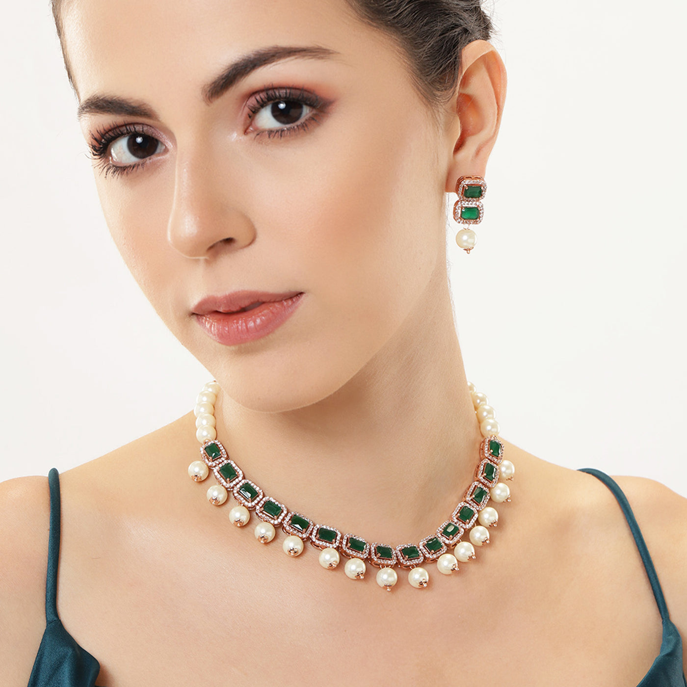 Estele Rosegold Plated American Diamond Sparkling Green Stones with White Pearls Choker Necklace Set with Earrings for Girls and Women