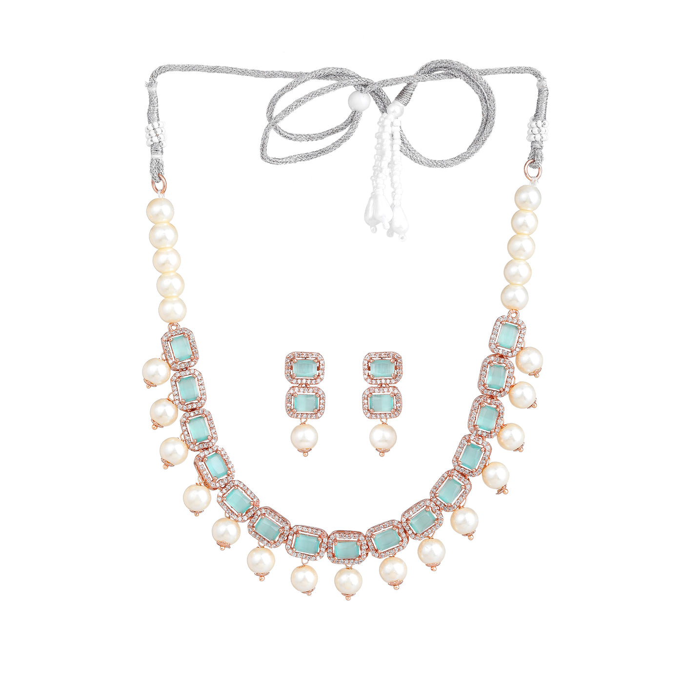 Estele Rosegold Plated American Diamond Lustrous Mint Green Stones with White Pearls Choker Necklace Set with Earrings for Girls and Women