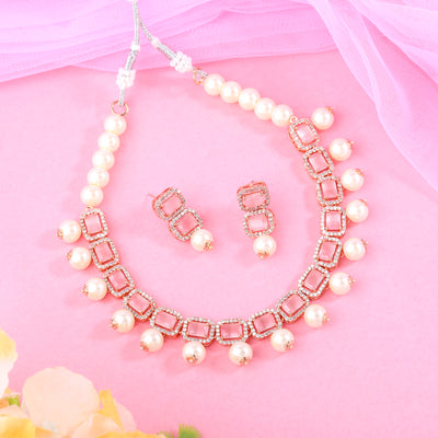 Estele Rosegold Plated American Diamond Mesmerizing Mint Pink Stones with White Pearls Choker Necklace Set with Earrings for Girls and Women