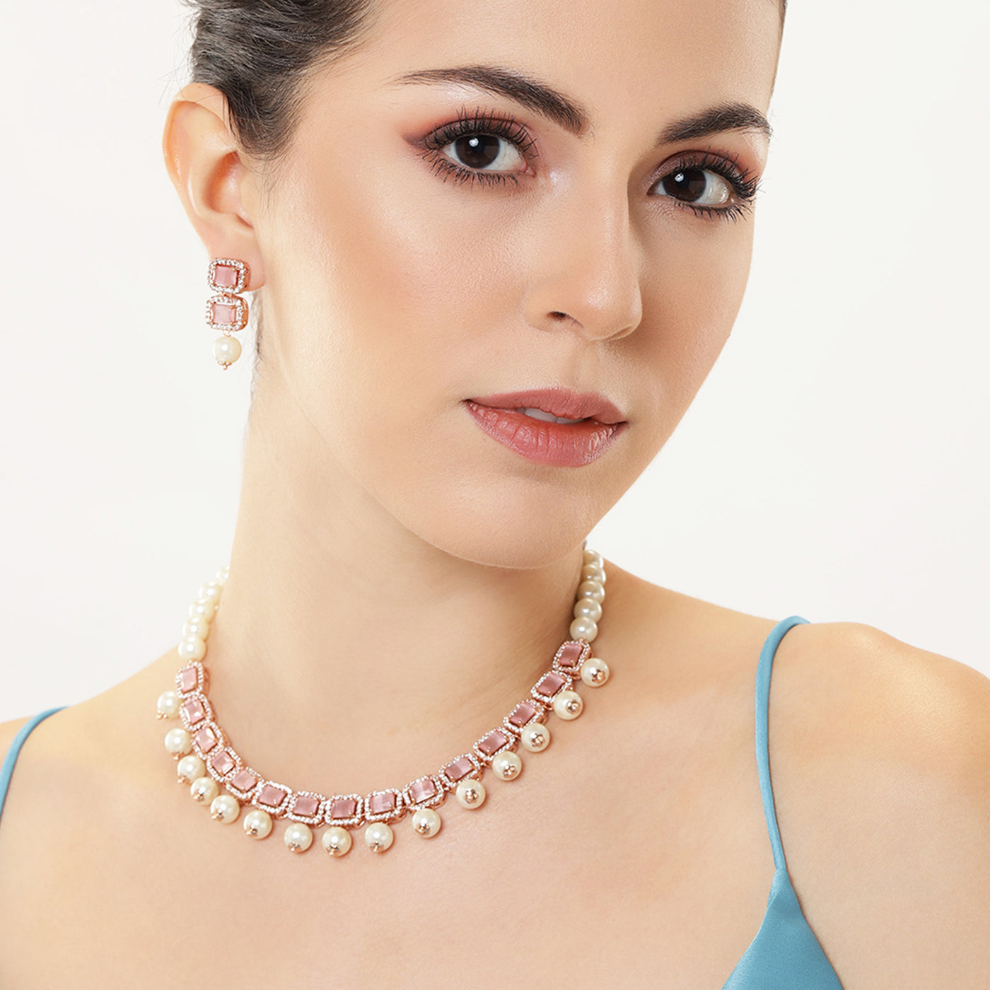 Estele Rosegold Plated American Diamond Mesmerizing Mint Pink Stones with White Pearls Choker Necklace Set with Earrings for Girls and Women