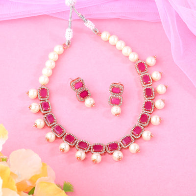 Estele Rosegold Plated American Diamond Eye-Catching Ruby Stones with White Pearls Choker Necklace Set with Earrings for Girls and Women