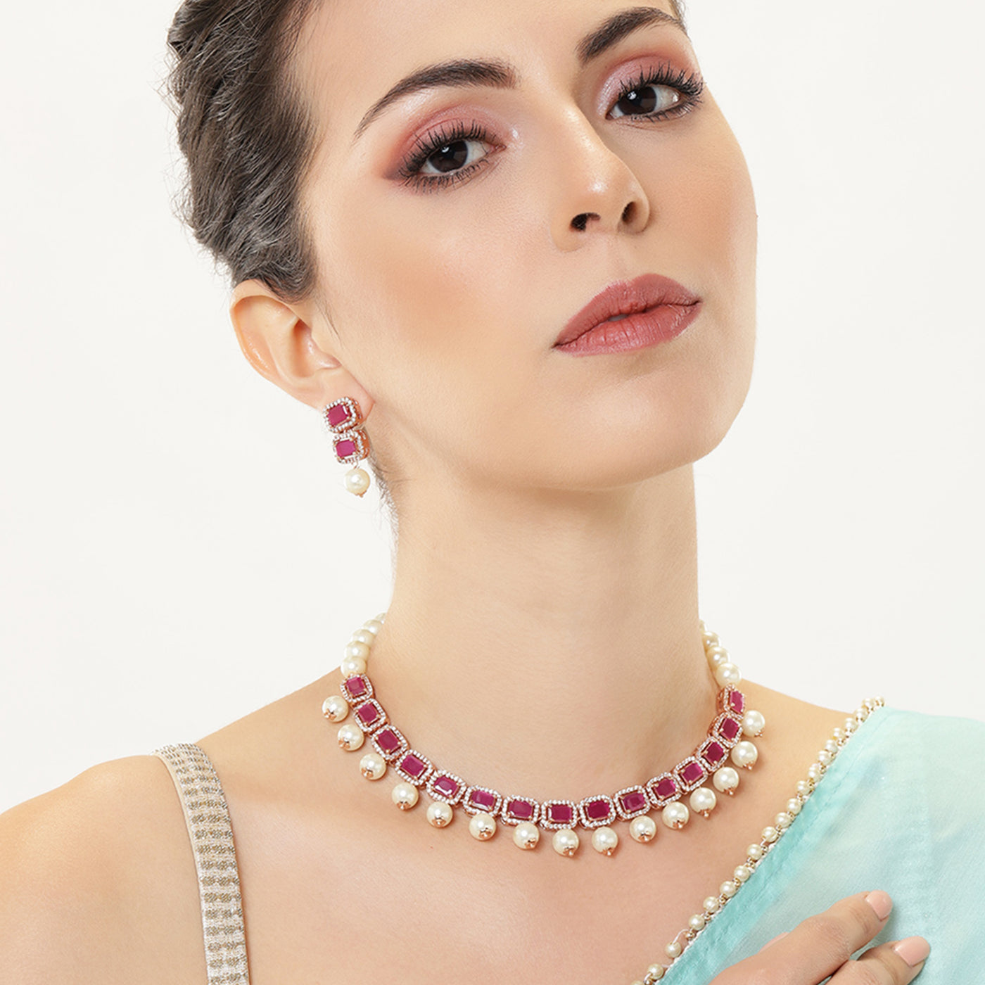 Estele Rosegold Plated American Diamond Eye-Catching Ruby Stones with White Pearls Choker Necklace Set with Earrings for Girls and Women