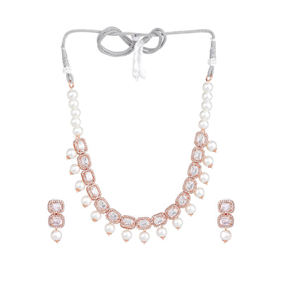 Estele Rosegold Plated American Diamond Shimmering White Stones with White Pearls Choker Necklace Set with Earrings for Girls and Women