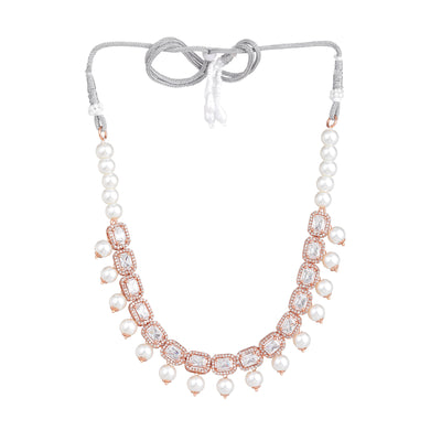 Estele Rosegold Plated American Diamond Shimmering White Stones with White Pearls Choker Necklace Set with Earrings for Girls and Women