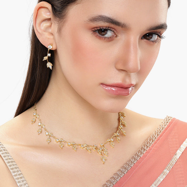 Estele Crystal Blooms Graceful Lightweight American Diamond Necklace Set with Shiny Gold Finish Perfect for Elegant Occasions & Gifting