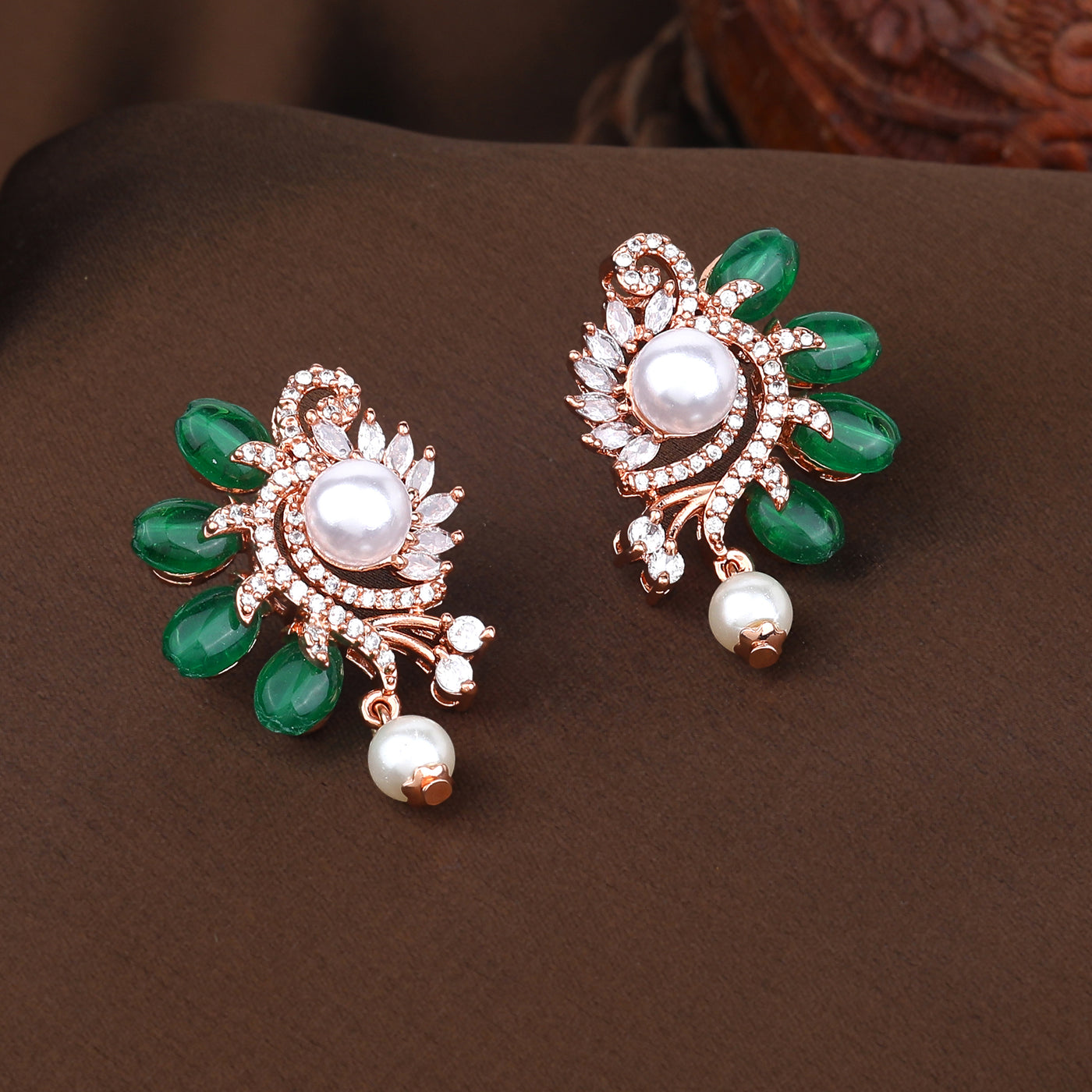 Estele Rosegold Plated Charming Floral Inspired Pearl Drop Earrings for Women|Dazzling Green Beadwork for Elegant Style