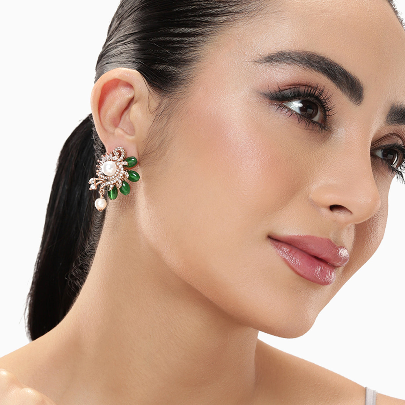 Estele Rosegold Plated Charming Floral Inspired Pearl Drop Varya Earrings for Women|Dazzling Green Beadwork for Elegant Style