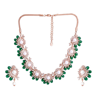 Estele Rosegold Plated Luxurious Green Beads Necklace Set with Dazzling White American Diamonds|Elegant Fashion for Women