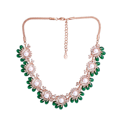 Estele Rosegold Plated Luxurious Green Beads Necklace Set with Dazzling White American Diamonds|Elegant Fashion for Women