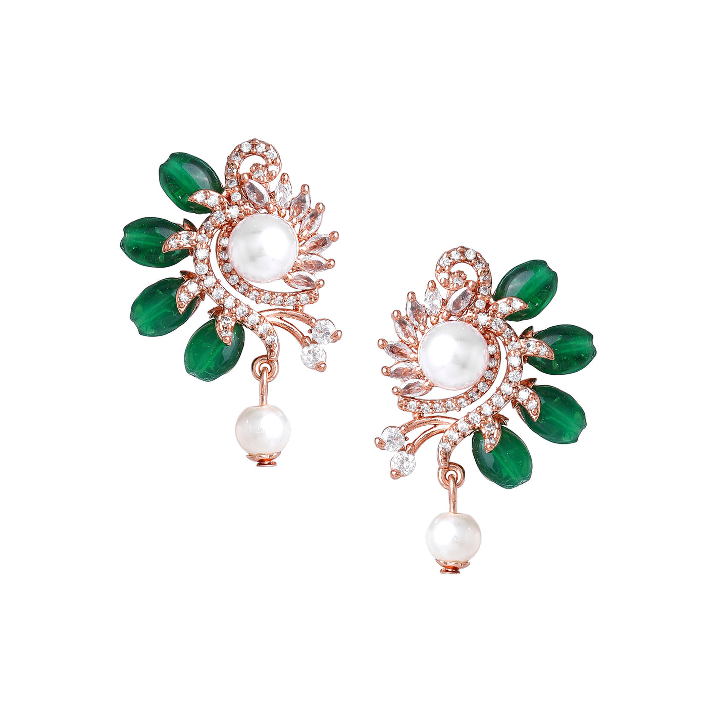 Estele Rosegold Plated Charming Floral Inspired Pearl Drop Varya Earrings for Women|Dazzling Green Beadwork for Elegant Style