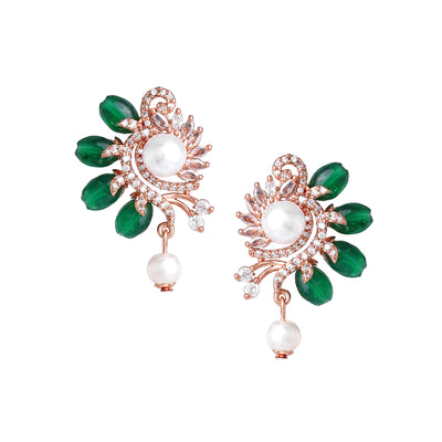 Estele Rosegold Plated Charming Floral Inspired Pearl Drop Earrings for Women|Dazzling Green Beadwork for Elegant Style