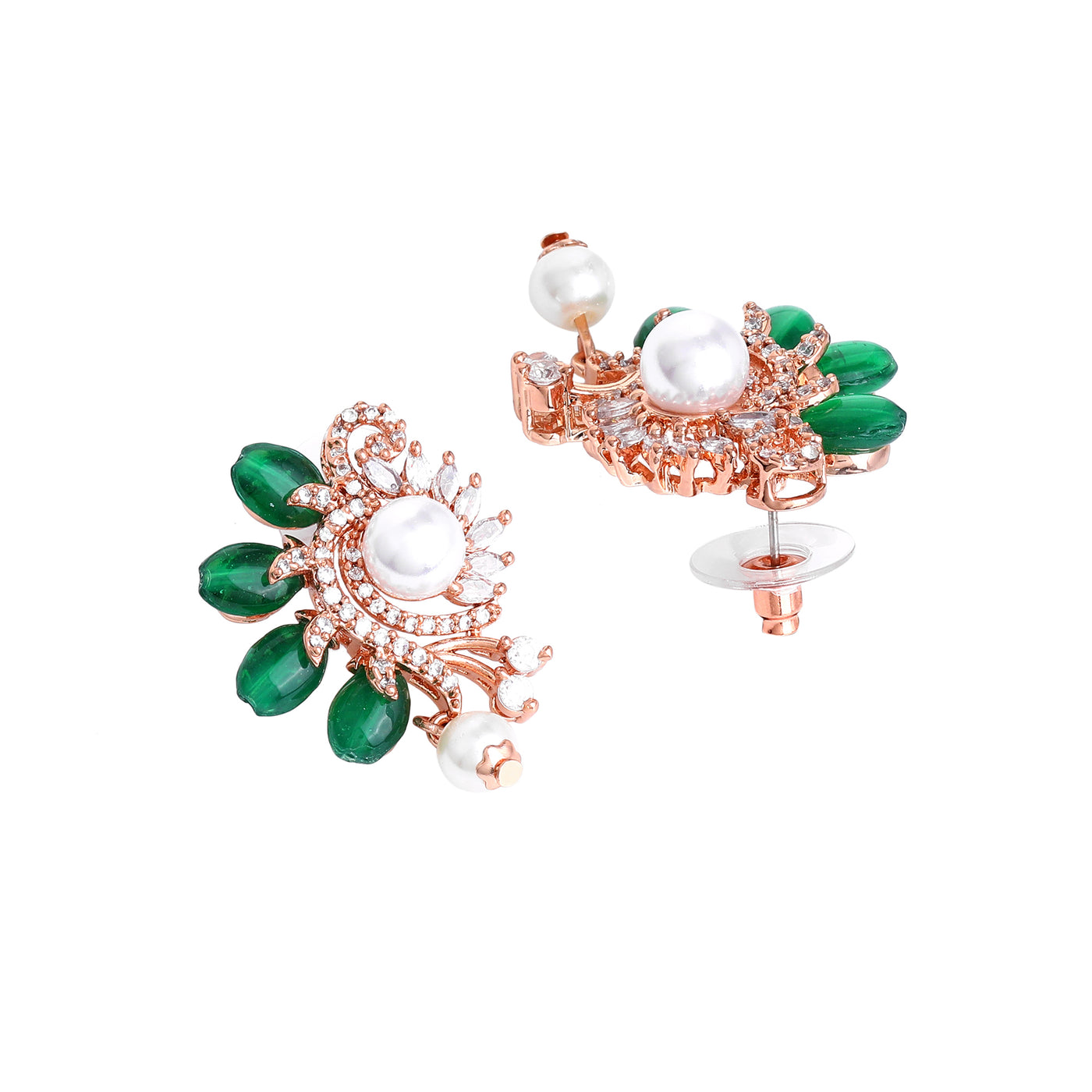 Estele Rosegold Plated Charming Floral Inspired Pearl Drop Varya Earrings for Women|Dazzling Green Beadwork for Elegant Style