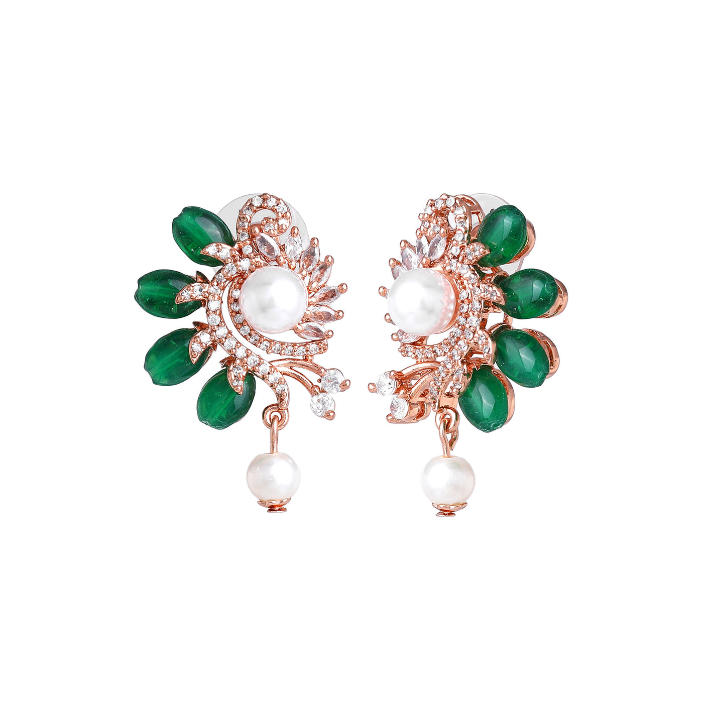 Estele Rosegold Plated Charming Floral Inspired Pearl Drop Earrings for Women|Dazzling Green Beadwork for Elegant Style